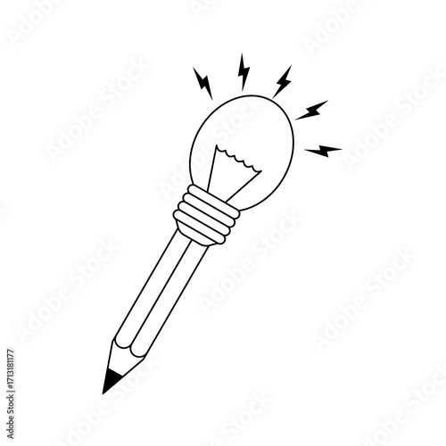 Modern flat design of a pencil with a lamp bulb as its point, expressing creativity, logical thinking, and bright ideas. This conceptual illustration emphasizes intelligence, innovation.