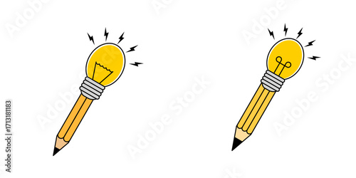 Minimalist icon of a pencil merging with a light bulb, representing the power of imagination and problem-solving. The artwork conveys intelligence, smart solutions, and innovative creativity.