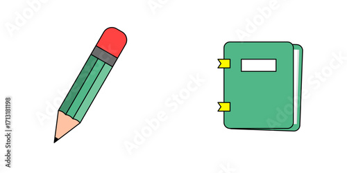 Flat design icon of a pencil and book, illustrated in a clean and modern style. This vector symbolizes education, learning, knowledge, and creativity, combining the tools of writing.