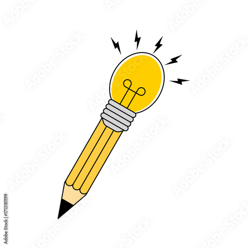Creative vector illustration of a pencil with a glowing light bulb at its tip, symbolizing inspiration, innovation, and smart ideas. This unique design combines the concept of learning