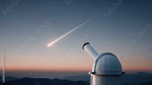 Astronomical observatory telescope tilting towards night sky with meteor streak