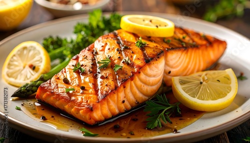 Grilled salmon with asparagus and lemon