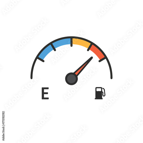 Dramatic closeup of car fuel gauge showing near full tank with colorful indicators. Ideal for automotive, energy, or transportation concepts.