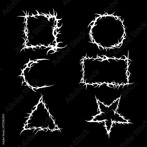 Set of neo tribal vector shapes with abstract frames, circle, square, triangle, and star, perfect for tattoos, logos, or dark design elements