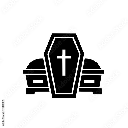 Funeral coffin with cross and handles icon representing burial and death in black vector design.