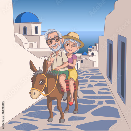 Elderly couple riding donkey in Santorini Greece