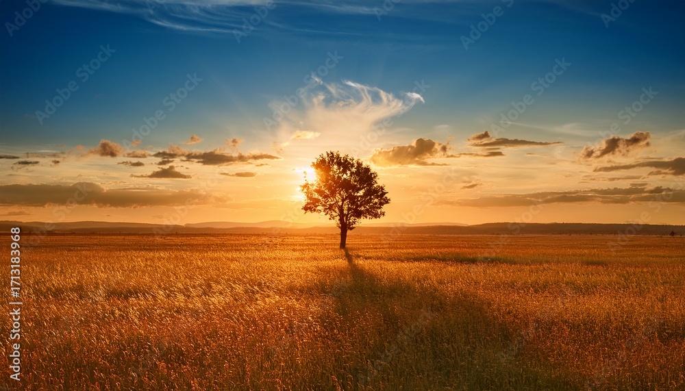 Fototapeta premium Solitary Tree On A Sun Drenched Vast Plain Under A Vibrant Sky Possible Use Nature Background Wallpaper