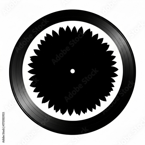 A black vinyl record with a black sunflower design in the center on a white background in a studio shot created with generative ai