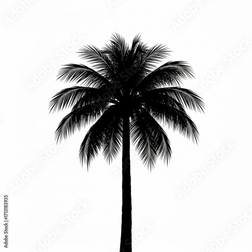 Silhouette of a tall palm tree with large fronds extending outwards against a white background image view created with generative ai