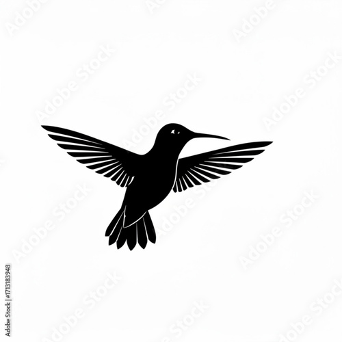 Silhouette illustration of a hummingbird with wings spread in flight against a white plain background created with generative ai