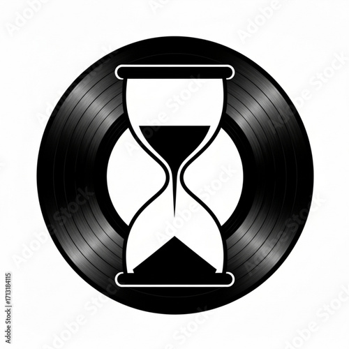 Black vinyl record with an hourglass symbol in the center showing the passage of time in monochrome style created with generative ai
