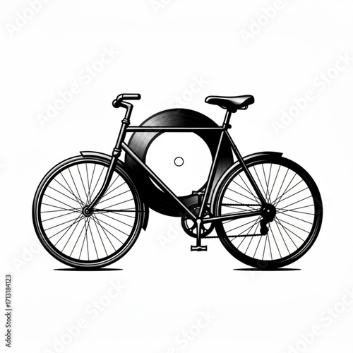 A detailed monochrome illustration of a bicycle with a vinyl record for the frame design element created with generative ai