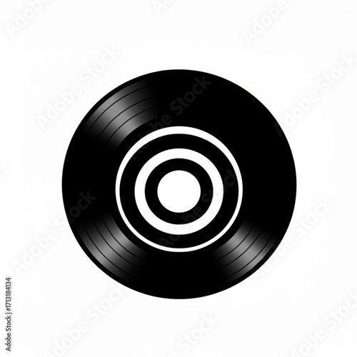 Illustration of a black vinyl record with concentric white circles on a white background image view created with generative ai