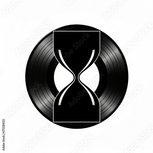 An image showing a black vinyl record with an hourglass symbol over it in a minimalist style design created with generative ai