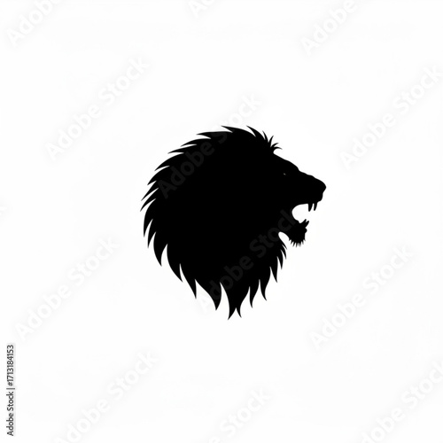 Silhouette of a roaring lion head with a prominent mane on a white background in a simple illustration created with generative ai