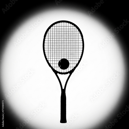 Silhouette of a tennis racket with a ball against a bright spotlight background in black and white style created with generative ai