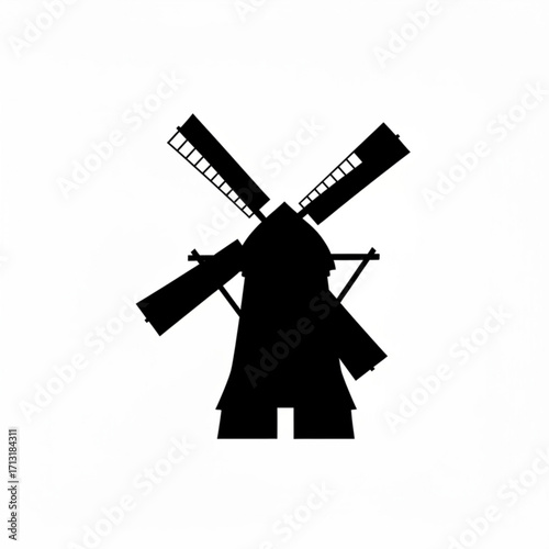 Silhouette of a traditional windmill with four sails against a plain white background image view created with generative ai