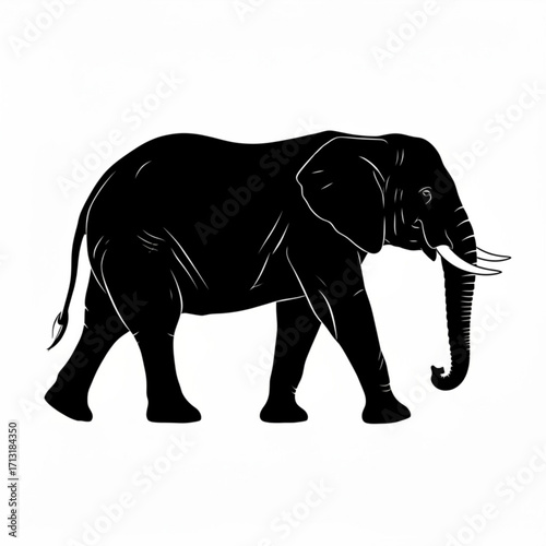 Illustration of a large african elephant walking with its trunk down in black and white silhouette style created with generative ai