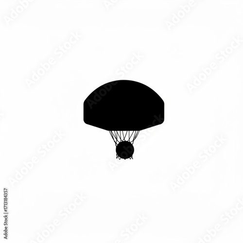 Silhouette of a parachute with a rounded canopy and a payload suspended below it by multiple thin lines created with generative ai