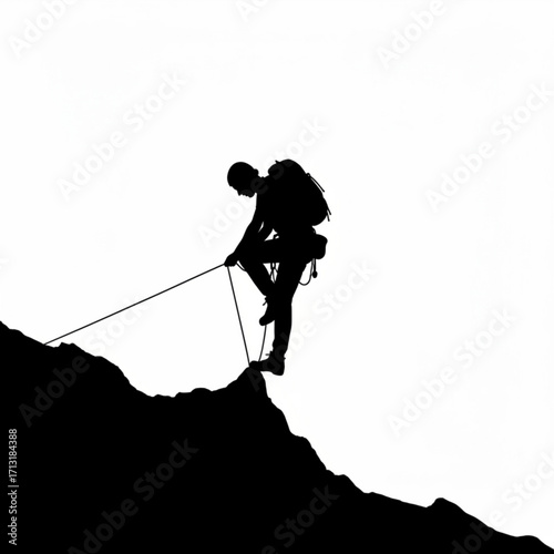 Silhouette of a climber with a backpack descending a rocky cliff using a rope for support and safety created with generative ai