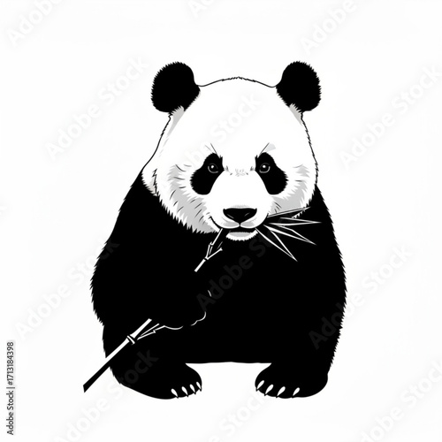 A panda bear sitting upright holding bamboo shoots in its mouth in a black and white illustration created with generative ai