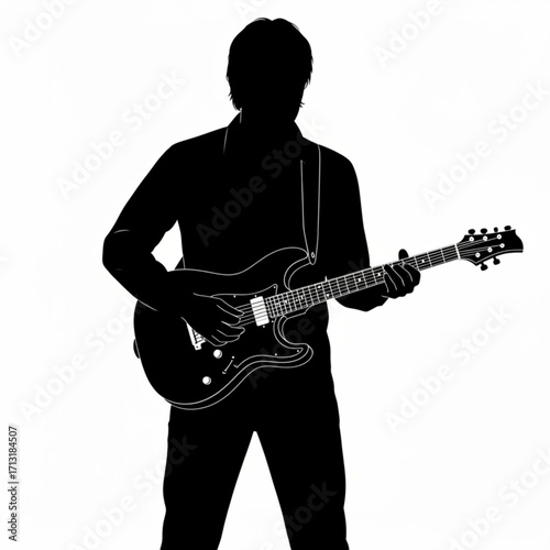 Silhouette of a guitarist playing an electric guitar with a strap in a white background image art created with generative ai