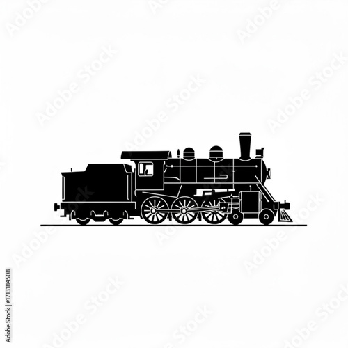 Illustration of a vintage steam train with a coal car and detailed wheels in black silhouette on white created with generative ai