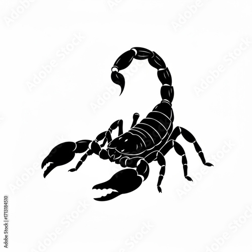 Illustration of a black scorpion with segmented tail and large pincers on a white background design art created with generative ai