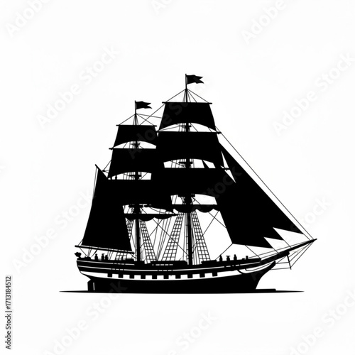 Black silhouette of a sailing ship with multiple masts and sails on a white background image view created with generative ai