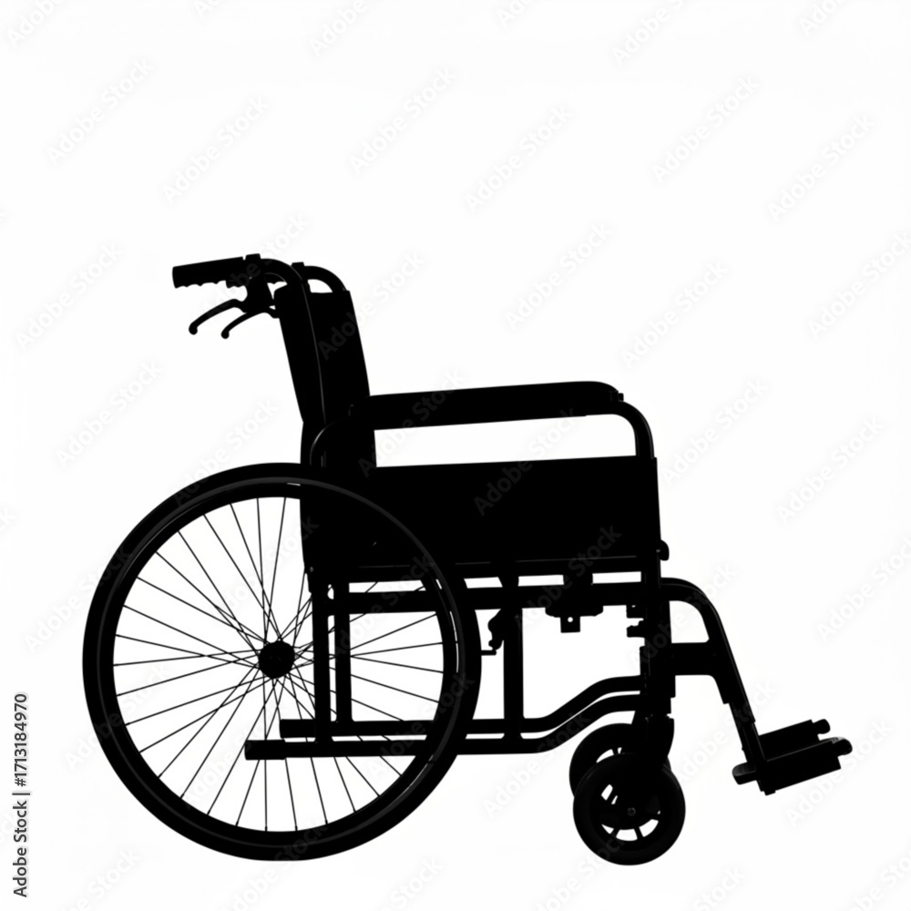 Fototapeta premium Silhouette of a wheelchair with large wheels and footrests on a white background in a studio shot