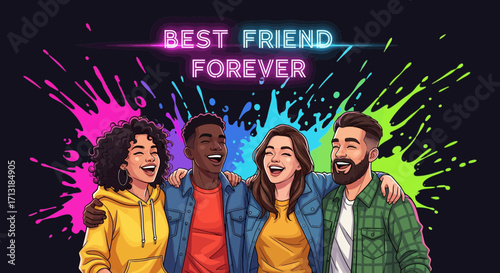 Four diverse young friends embracing and smiling joyfully under glowing "BEST FRIEND FOREVER" neon text with vibrant paint splatters.