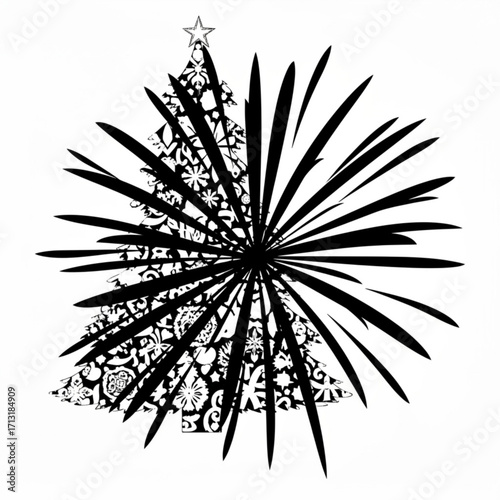 A christmas tree with decorative patterns and a star on top partially obscured by a burst design element created with generative ai