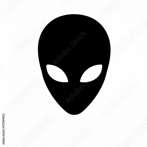 Black silhouette of an alien head with large oval eyes and a smooth, rounded cranium on a white background