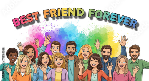 Cartoon illustration of a cheerful, diverse group of men and women waving, celebrating friendship with "BEST FRIEND FOREVER" text and vibrant splashes.