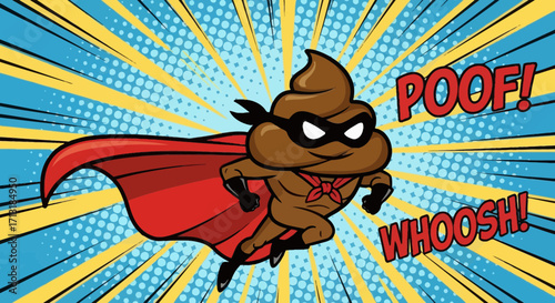 Cartoon illustration of a superhero poop character wearing a mask and cape, flying with comic book style sound effects.