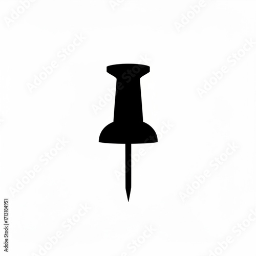 Silhouette of a black pushpin with a short, sharp point and a rounded head on a plain white background
