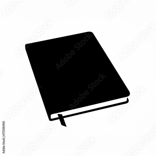 A closed black notebook with a ribbon bookmark placed diagonally on a plain white background surface view