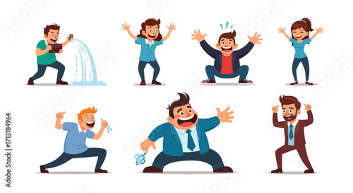A collection of diverse cartoon people expressing a range of excited emotions and actions, including splashing water, cheering, and celebrating with open arms.