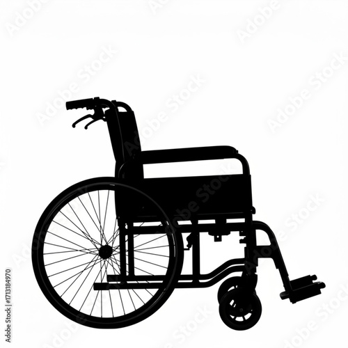 Silhouette of a wheelchair with large wheels and footrests on a white background in a studio shot