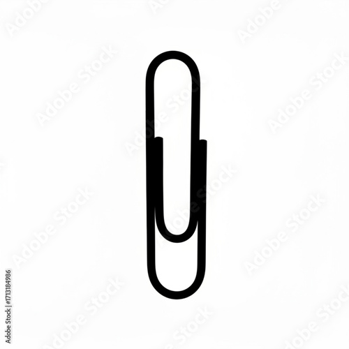 A simple black paperclip standing vertically on a white background in a minimalist style image design