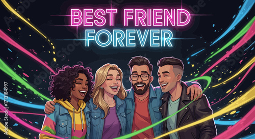 Four diverse friends laughing together, embracing, vibrant colors, "Best Friend Forever" title.