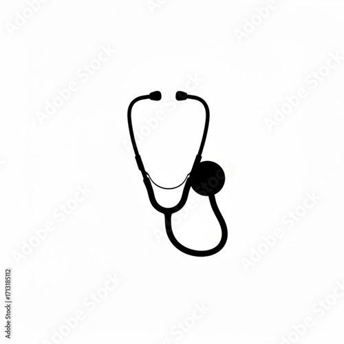 A simple black and white illustration of a stethoscope with earpieces and chest piece on white background