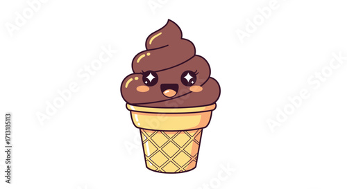 Cartoon illustration of a chocolate ice cream cone with a happy face and sparkling eyes on a white background.