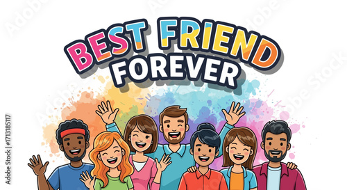Diverse group of happy friends celebrating friendship, "Best Friend Forever" banner.
