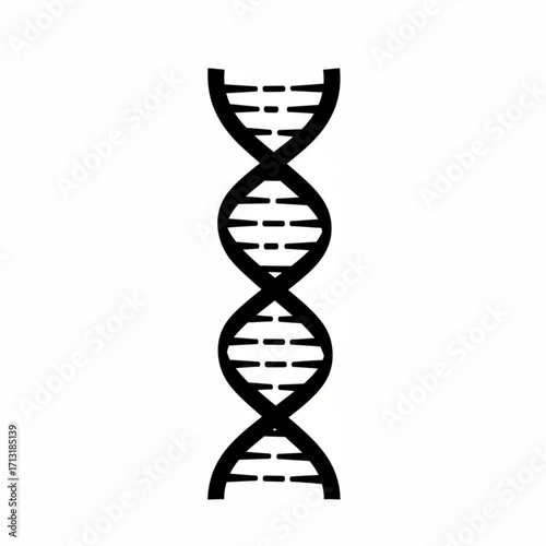Illustration of a black dna double helix structure with visible base pairs on a white background space showing