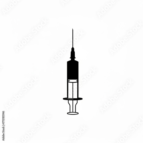 A black and white illustration of a syringe with a needle pointing upwards on a white background space