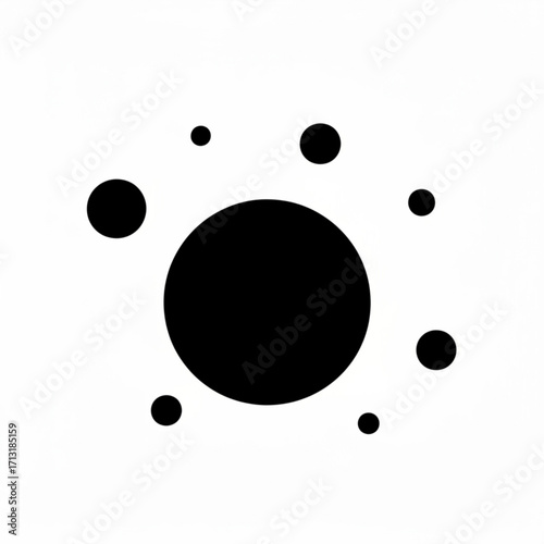 Black circles of varying sizes arranged around a larger central circle on a white background design element