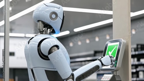 Futuristic Robot Interacting with Touchscreen in Modern Retail Environment