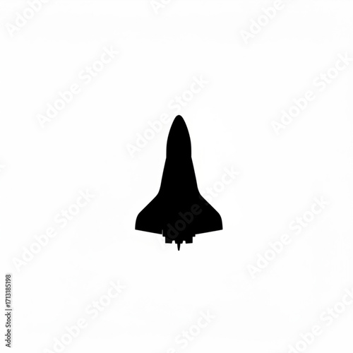 Illustration of a black silhouette of a space shuttle against a white background in a simple style