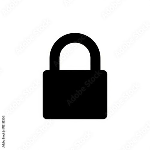 Illustration of a closed black padlock with a rounded shackle on a white background in simple style